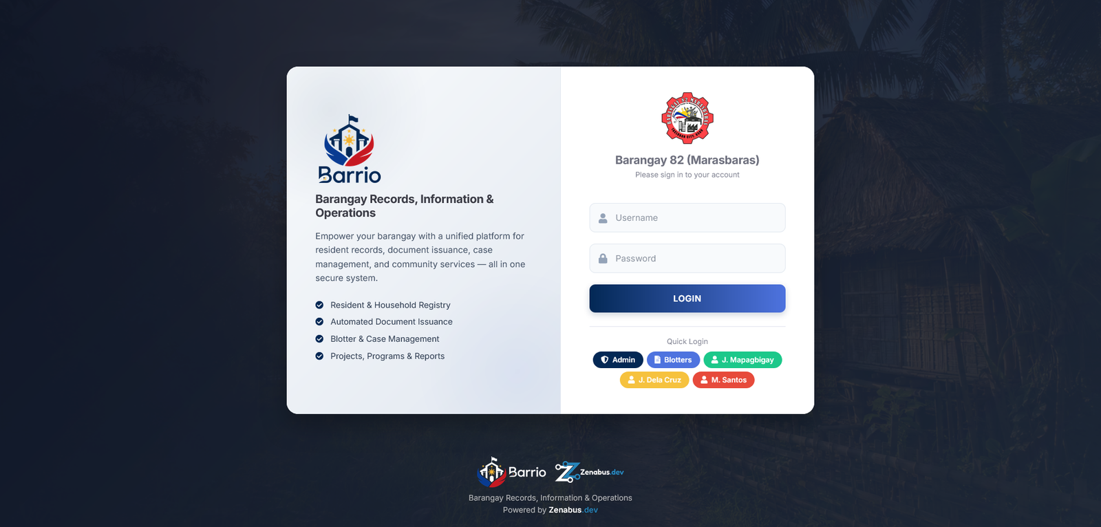 BARRIO Barangay Records & Dashboard Operations Interface